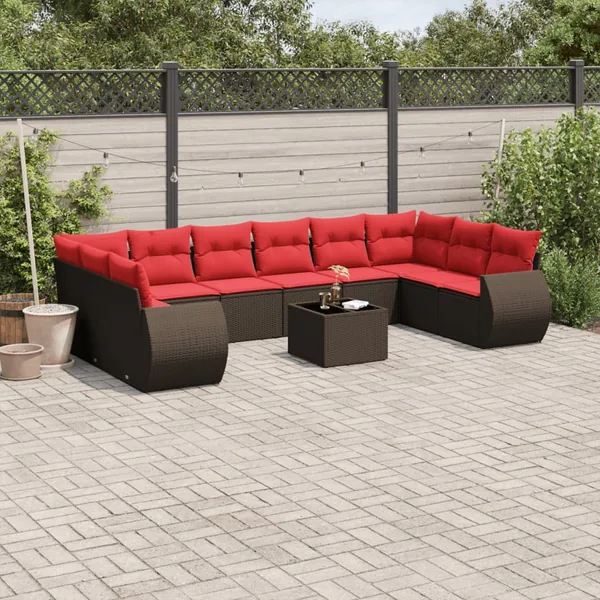 Ensemble de canapé de jardin 11 pcs avec coussins marron résine tressée