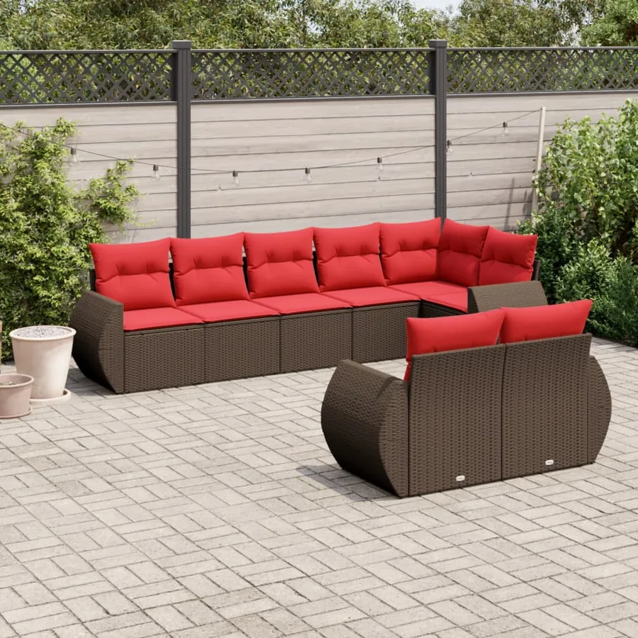 Ensemble de canapé de jardin 8 pcs avec coussins marron résine tressée