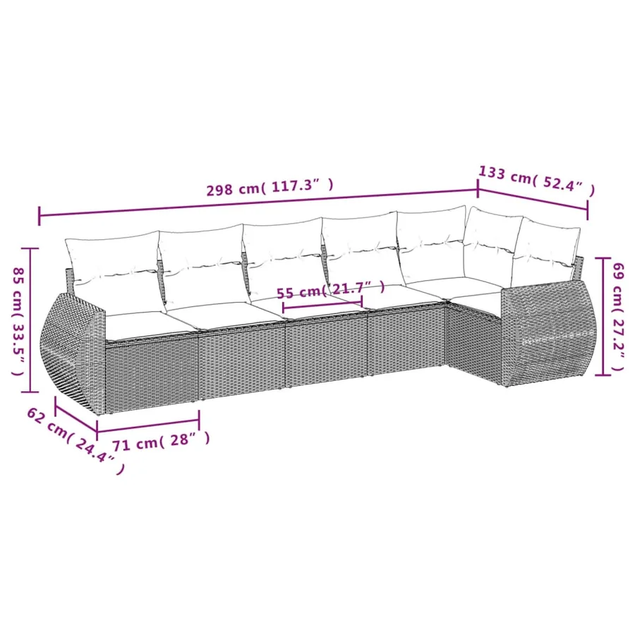 Ensemble de canapé de jardin 6 pcs avec coussins marron résine tressée - 7