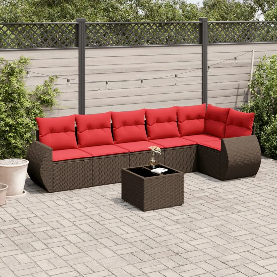 Ensemble de canapé de jardin 7 pcs avec coussins marron résine tressée