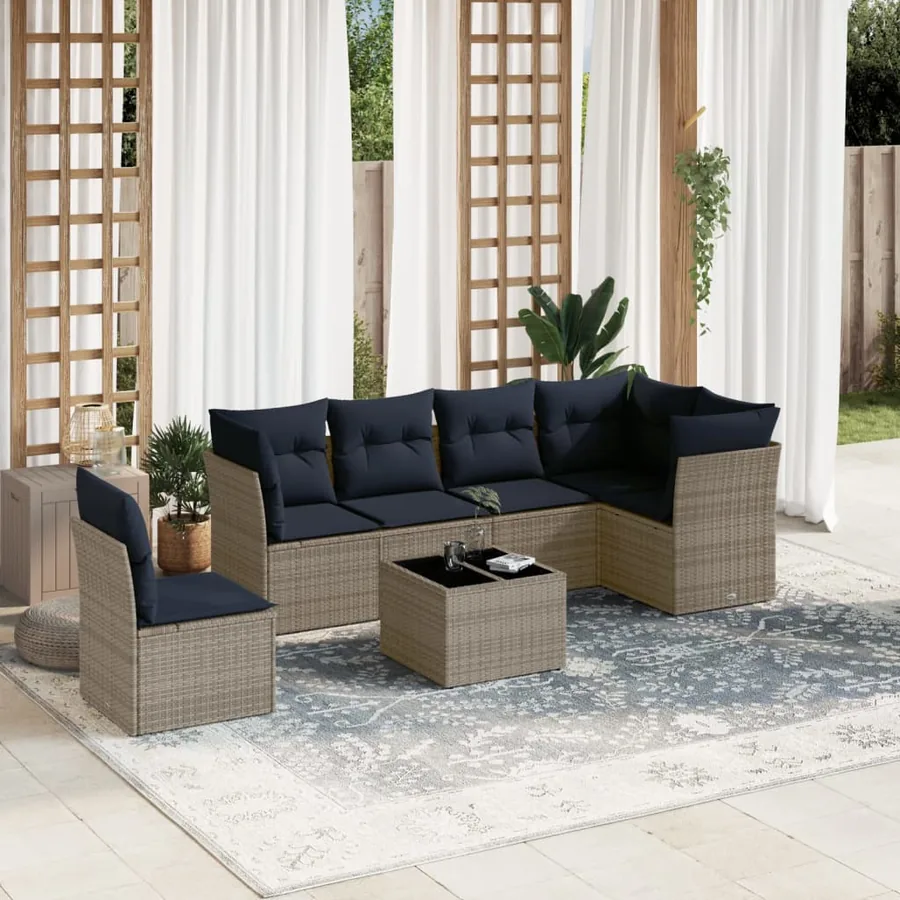 Ensemble de canapé de jardin 7 pcs avec coussins gris résine tressée