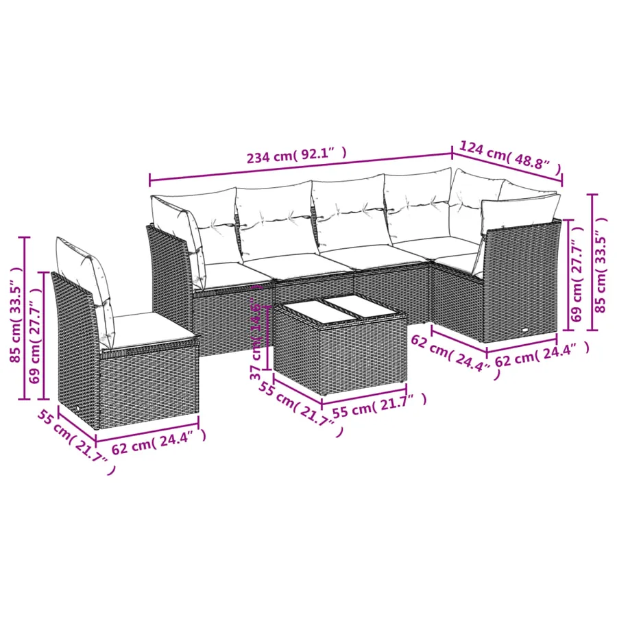 Ensemble de canapé de jardin 7 pcs avec coussins gris résine tressée - 7