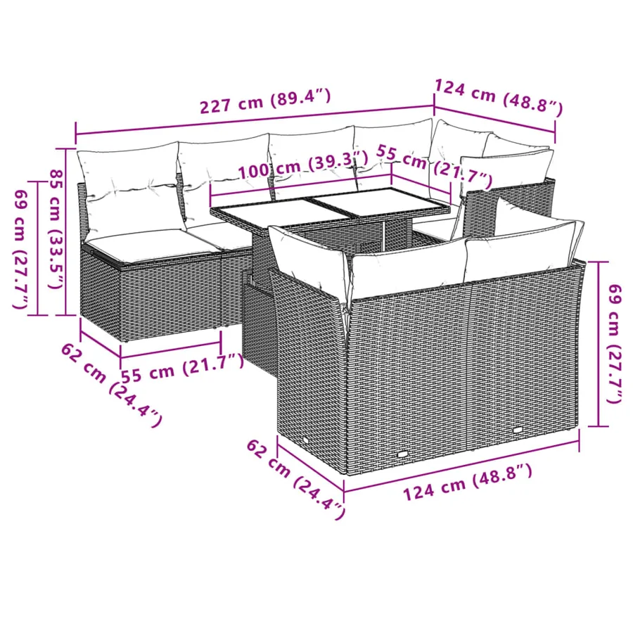 Ensemble de canapé de jardin 8 pcs avec coussins gris résine tressée - 9