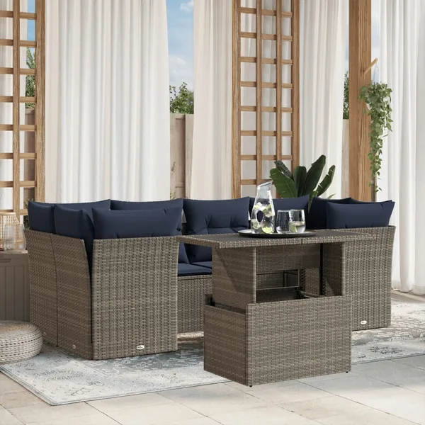 Ensemble de canapé de jardin 7 pcs avec coussins gris résine tressée