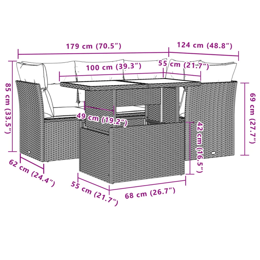 Ensemble de canapé de jardin 5 pcs avec coussins gris résine tressée - 9