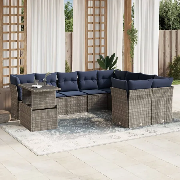 Ensemble de canapé de jardin 10 pcs avec coussins gris résine tressée