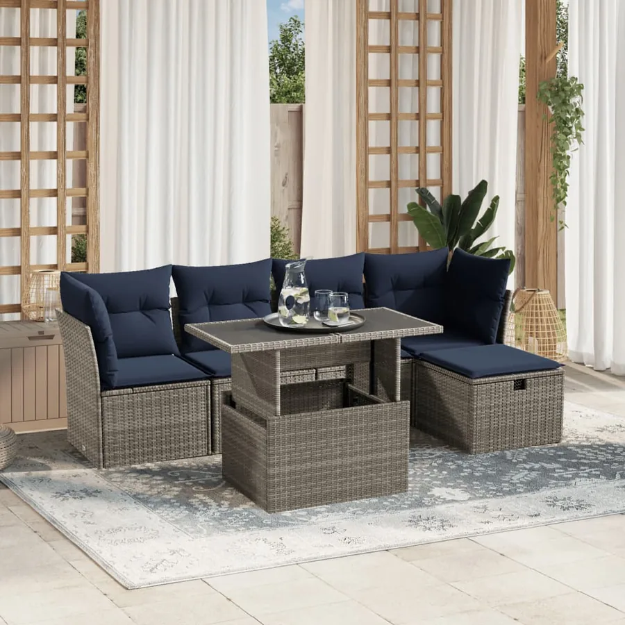 Ensemble de canapé de jardin 6 pcs avec coussins gris résine tressée