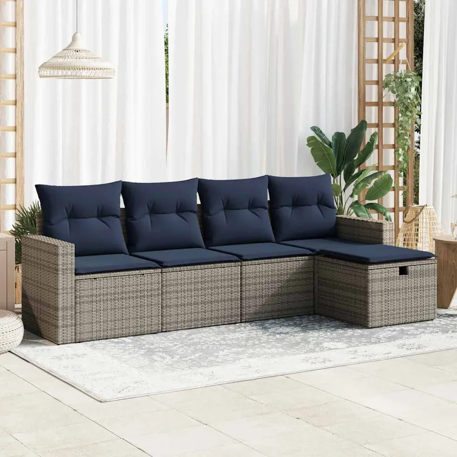 Salon de jardin 5 pcs avec coussins gris résine tressée