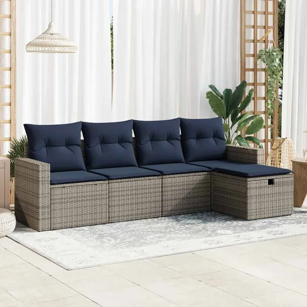 Salon de jardin 5 pcs avec coussins gris résine tressée