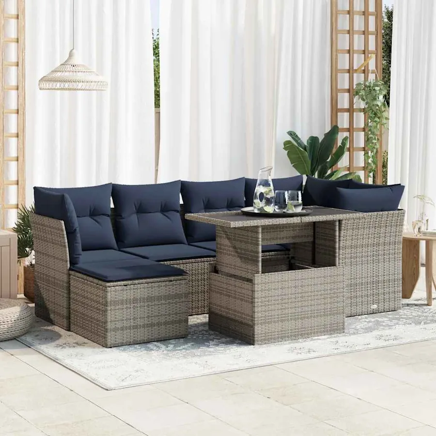 Salon de jardin avec coussins 7 pcs gris résine tressée acacia