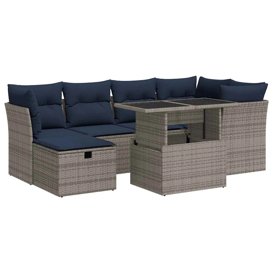 Salon de jardin avec coussins 7 pcs gris résine tressée acacia - 2