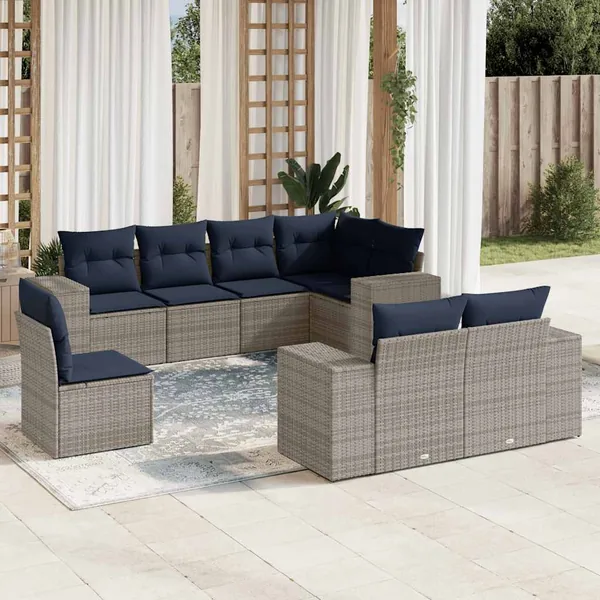 Ensemble de canapé de jardin 8 pcs avec coussins gris résine tressée