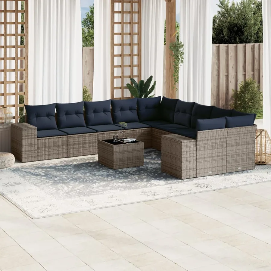 Ensemble de canapé de jardin 11 pcs avec coussins gris résine tressée