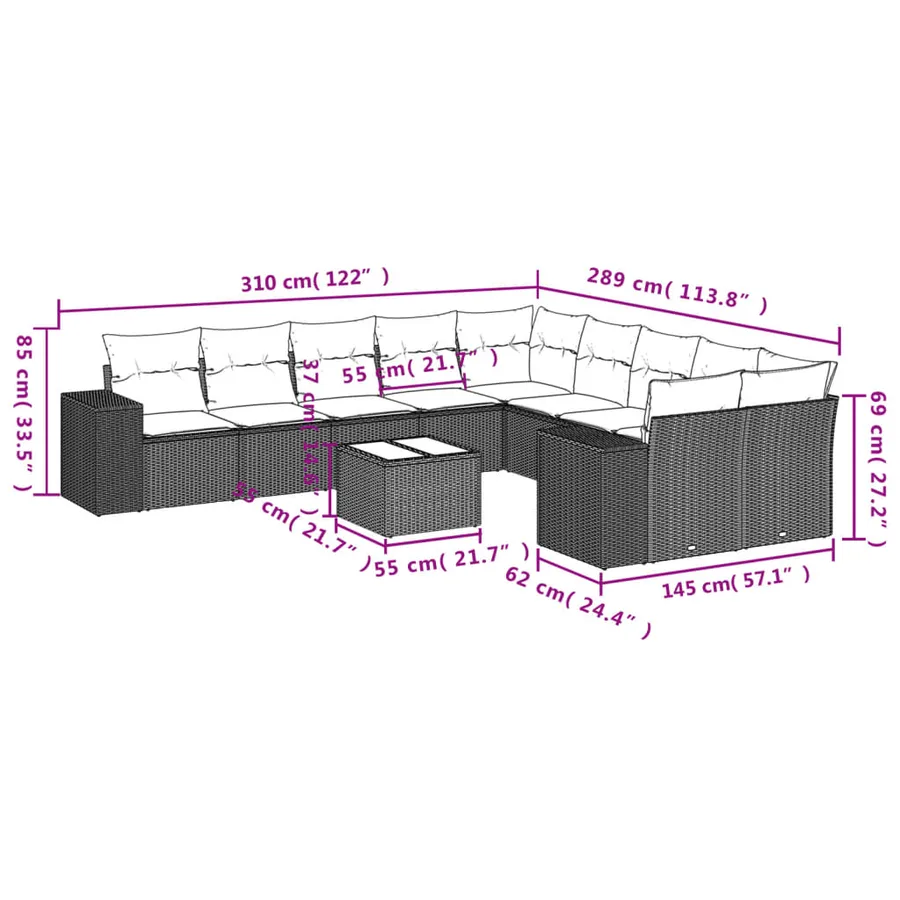 Ensemble de canapé de jardin 11 pcs avec coussins gris résine tressée - 8