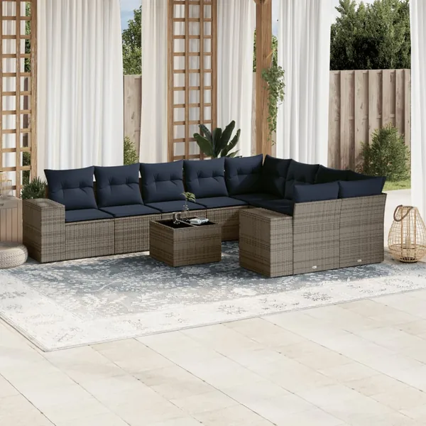 Ensemble de canapé de jardin 10 pcs avec coussins gris résine tressée