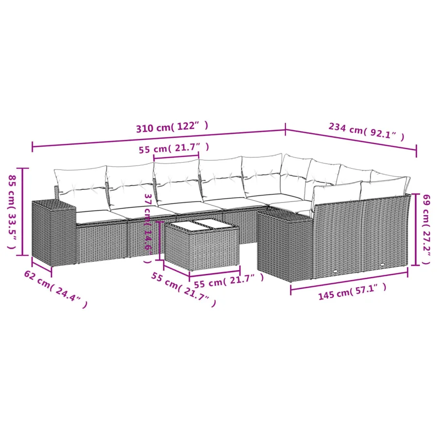 Ensemble de canapé de jardin 10 pcs avec coussins gris résine tressée - 8