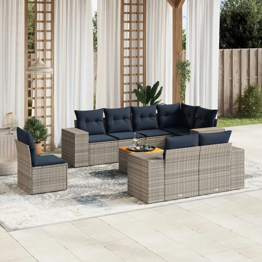 Ensemble de canapé de jardin 9 pcs avec coussins gris résine tressée