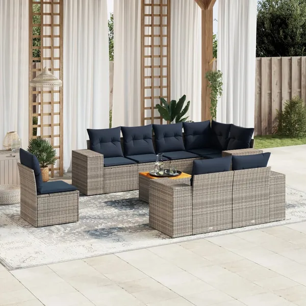 Ensemble de canapé de jardin 9 pcs avec coussins gris résine tressée