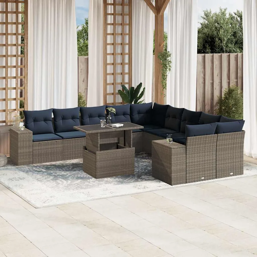 Ensemble de canapé de jardin 11 pcs avec coussins gris résine tressée