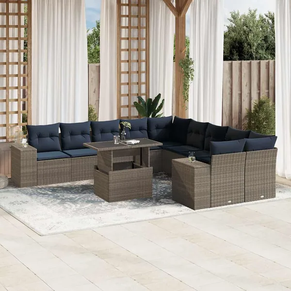 Ensemble de canapé de jardin 11 pcs avec coussins gris résine tressée