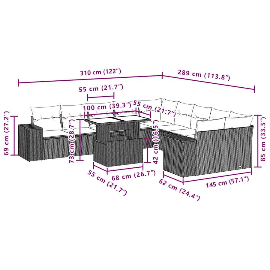 Ensemble de canapé de jardin 11 pcs avec coussins gris résine tressée - 10