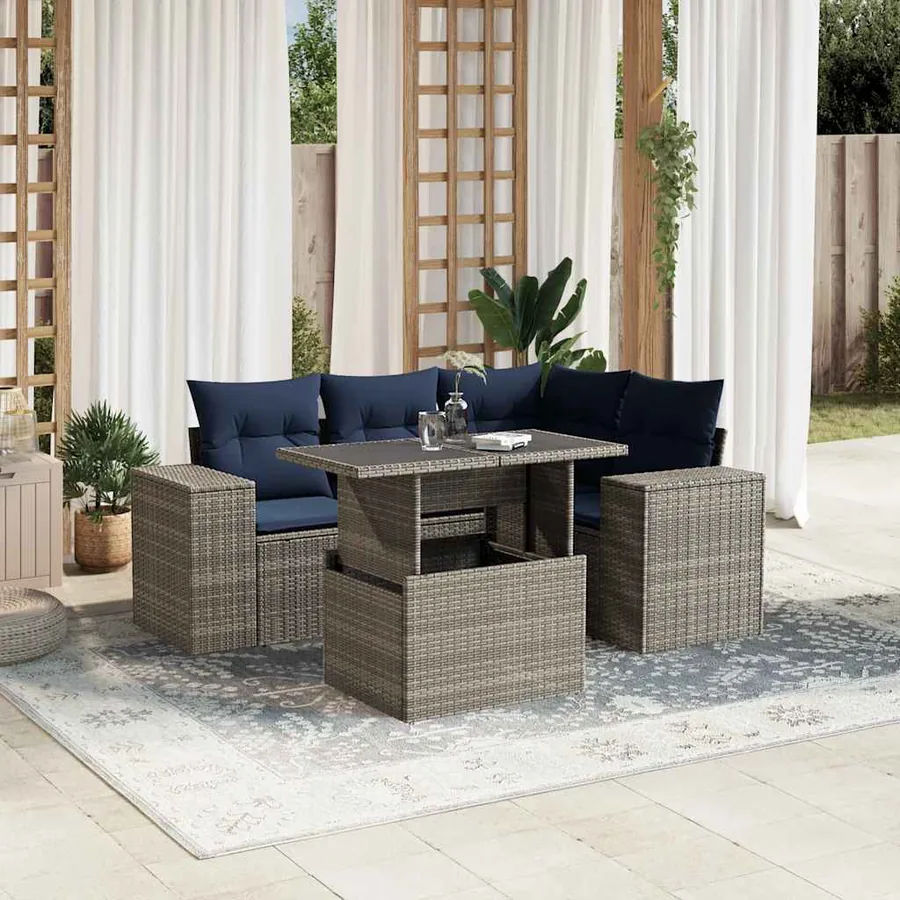 Ensemble de canapé de jardin 5 pcs avec coussins gris résine tressée