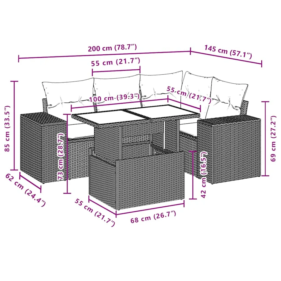 Ensemble de canapé de jardin 5 pcs avec coussins gris résine tressée - 10