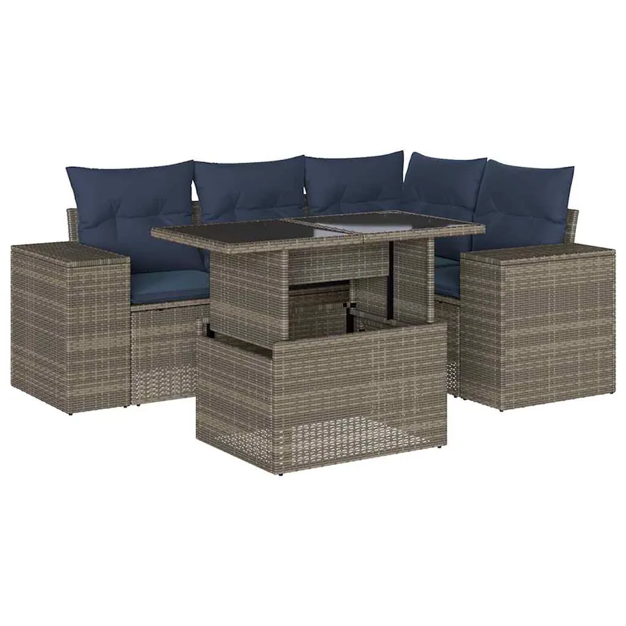 Ensemble de canapé de jardin 5 pcs avec coussins gris résine tressée - 2