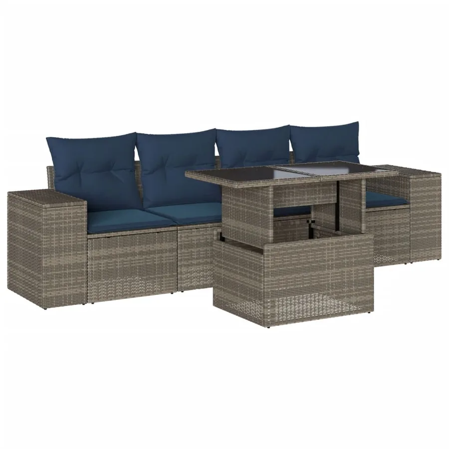 Ensemble de canapé de jardin 5 pcs avec coussins gris résine tressée - 2