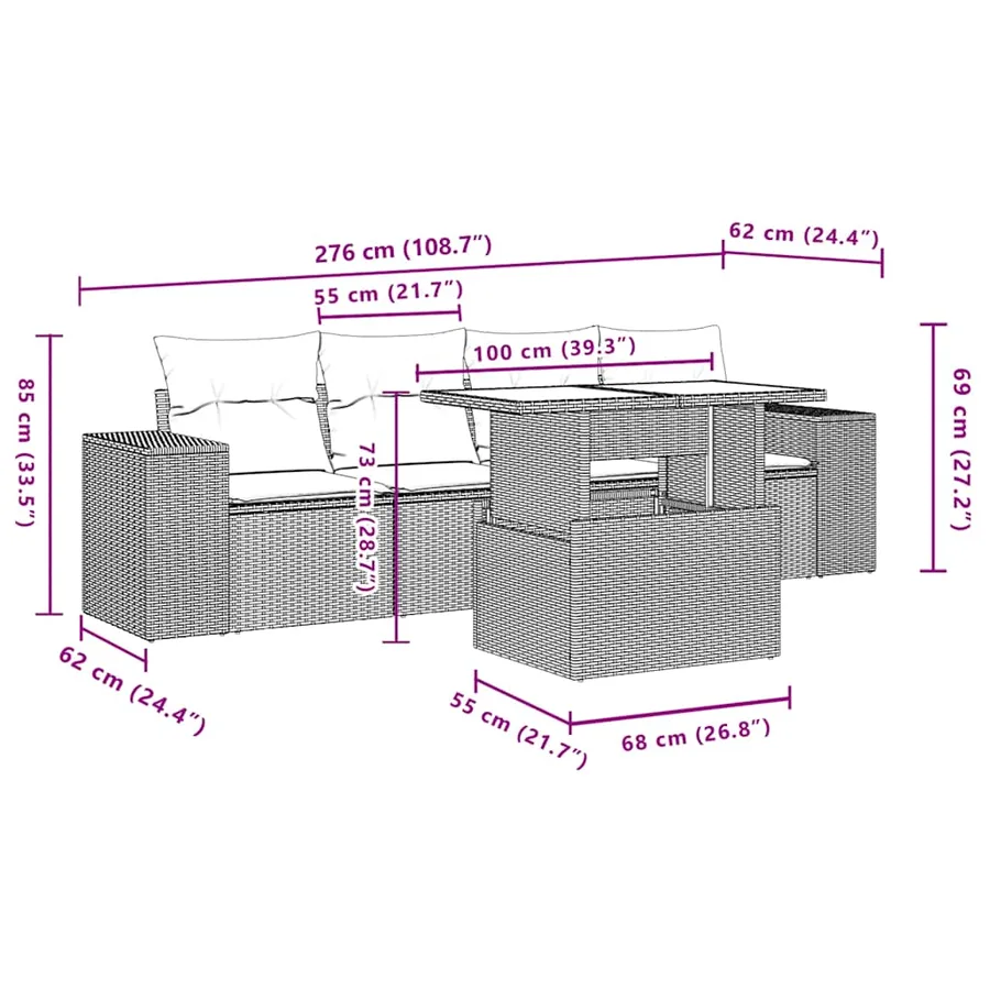 Ensemble de canapé de jardin 5 pcs avec coussins gris résine tressée - 9
