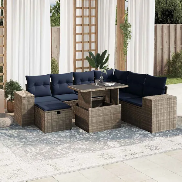 Ensemble de canapé de jardin 8 pcs avec coussins gris résine tressée