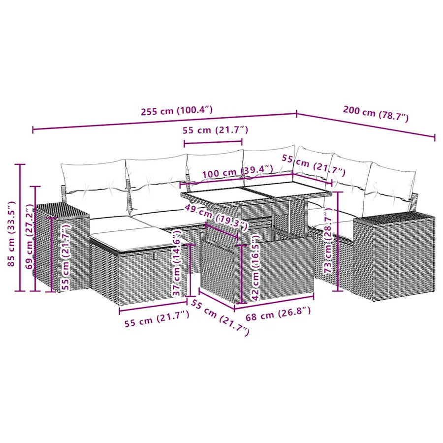 Ensemble de canapé de jardin 8 pcs avec coussins gris résine tressée - 13