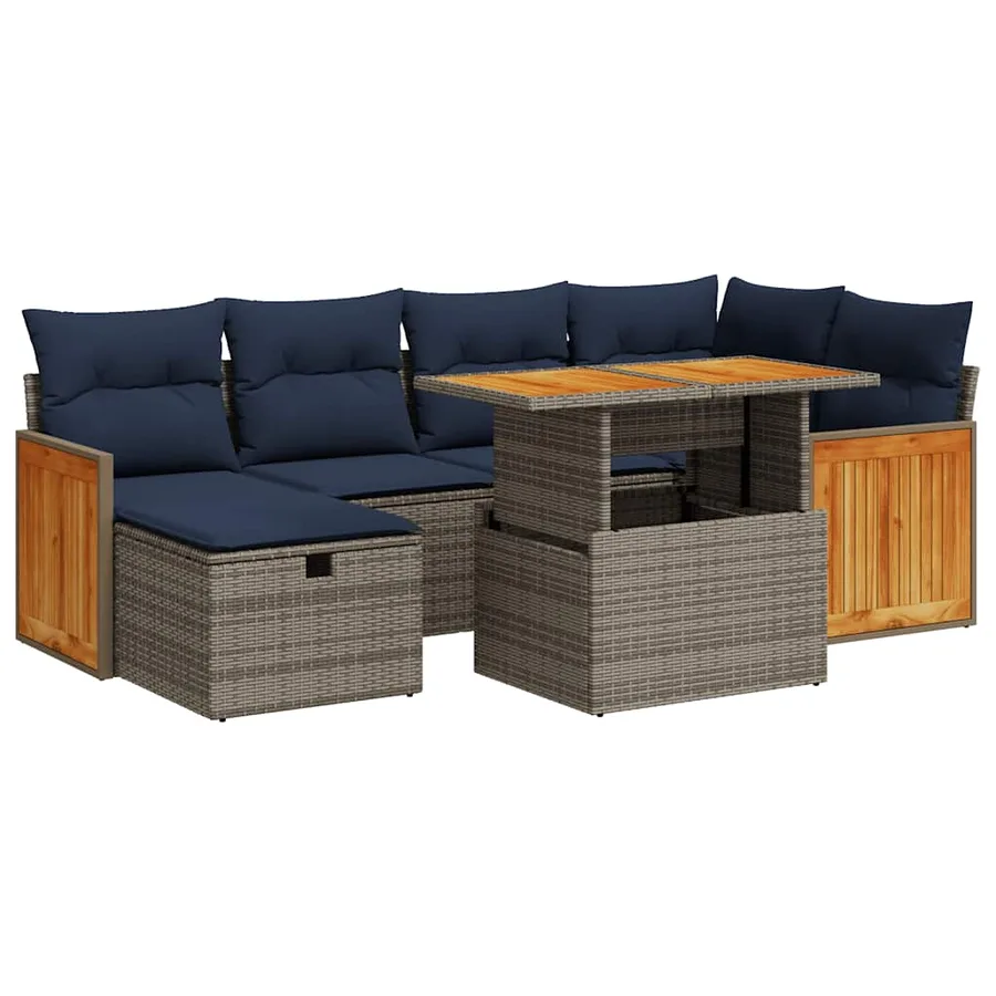 Salon de jardin avec coussins 7 pcs gris résine tressée acacia - 2