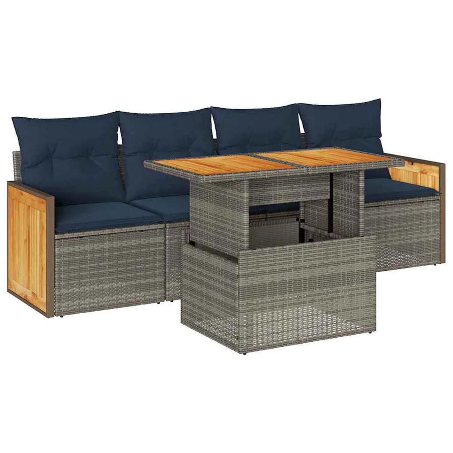 Salon de jardin 5 pcs avec coussins gris résine tressée acacia - 2
