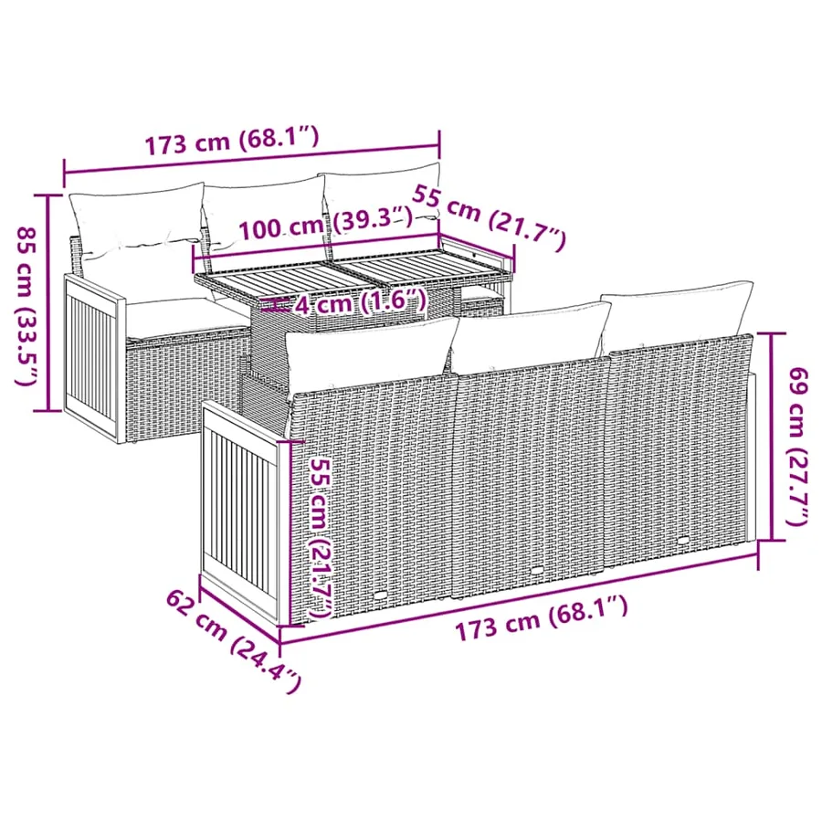 Salon de jardin avec coussins 7 pcs gris résine tressée acacia - 12