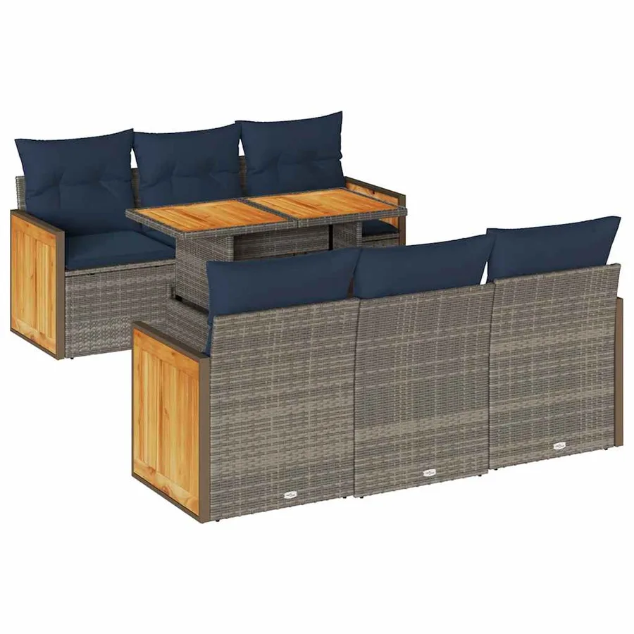 Salon de jardin avec coussins 7 pcs gris résine tressée acacia - 2