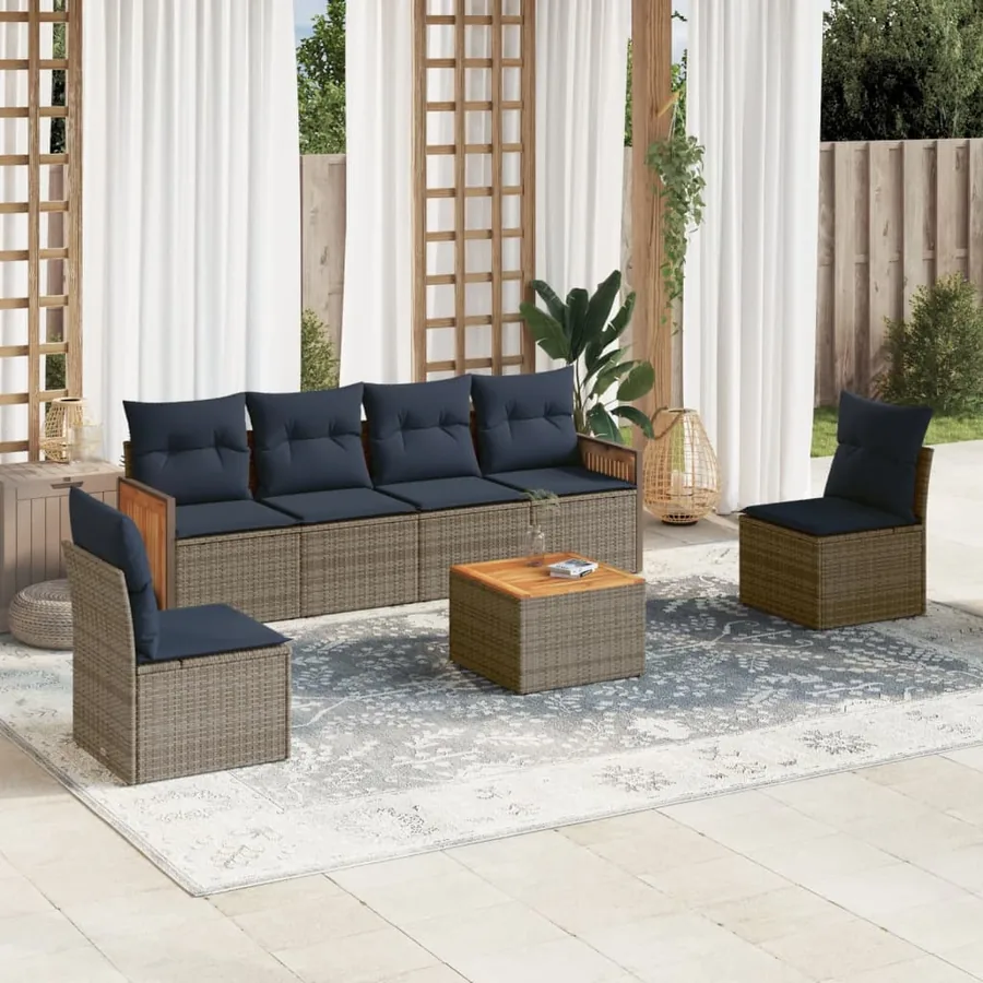 Ensemble de canapé de jardin 7 pcs avec coussins gris résine tressée