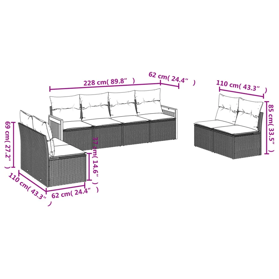 Ensemble de canapé de jardin 8 pcs avec coussins gris résine tressée - 6