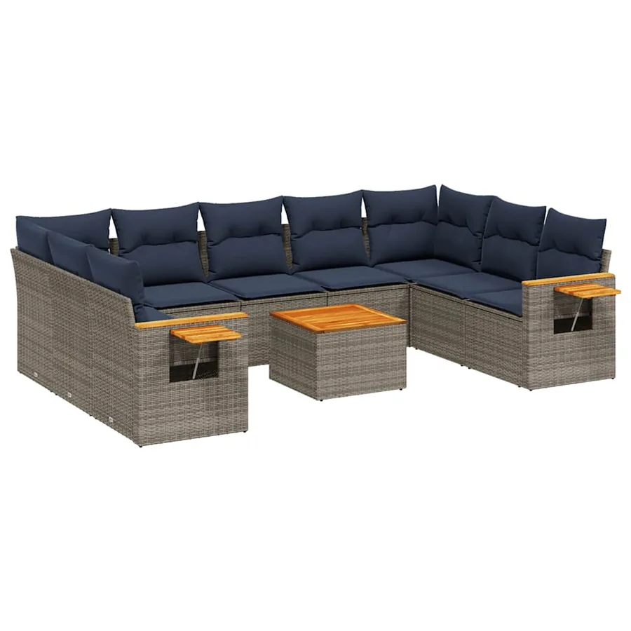 Salon de jardin 10 pcs avec coussins gris résine tressée - 2