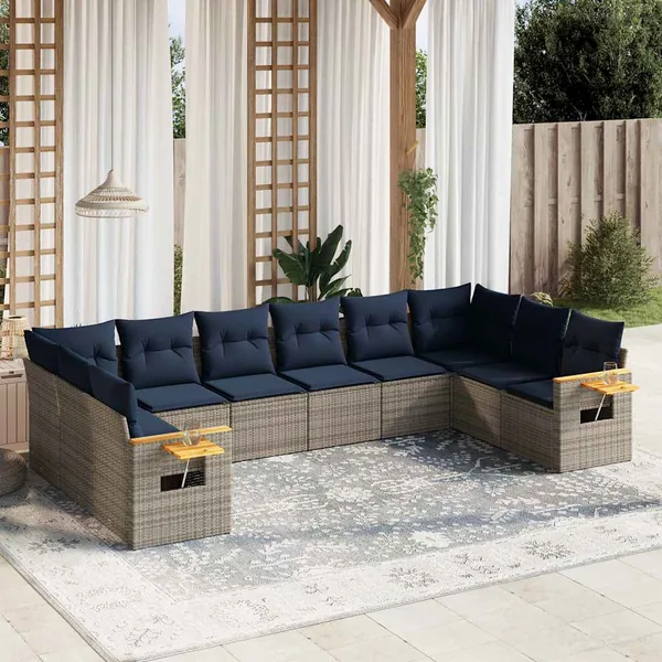 Salon de jardin 10 pcs avec coussins gris résine tressée