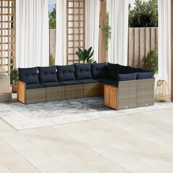 Ensemble de canapé de jardin 9 pcs avec coussins gris résine tressée