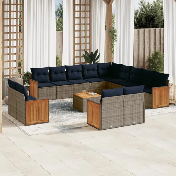 Ensemble de canapé de jardin 14 pcs avec coussins gris résine tressée