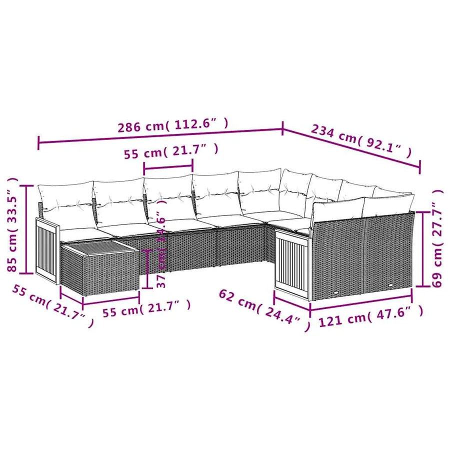 Ensemble de canapé de jardin 10 pcs avec coussins gris résine tressée - 8