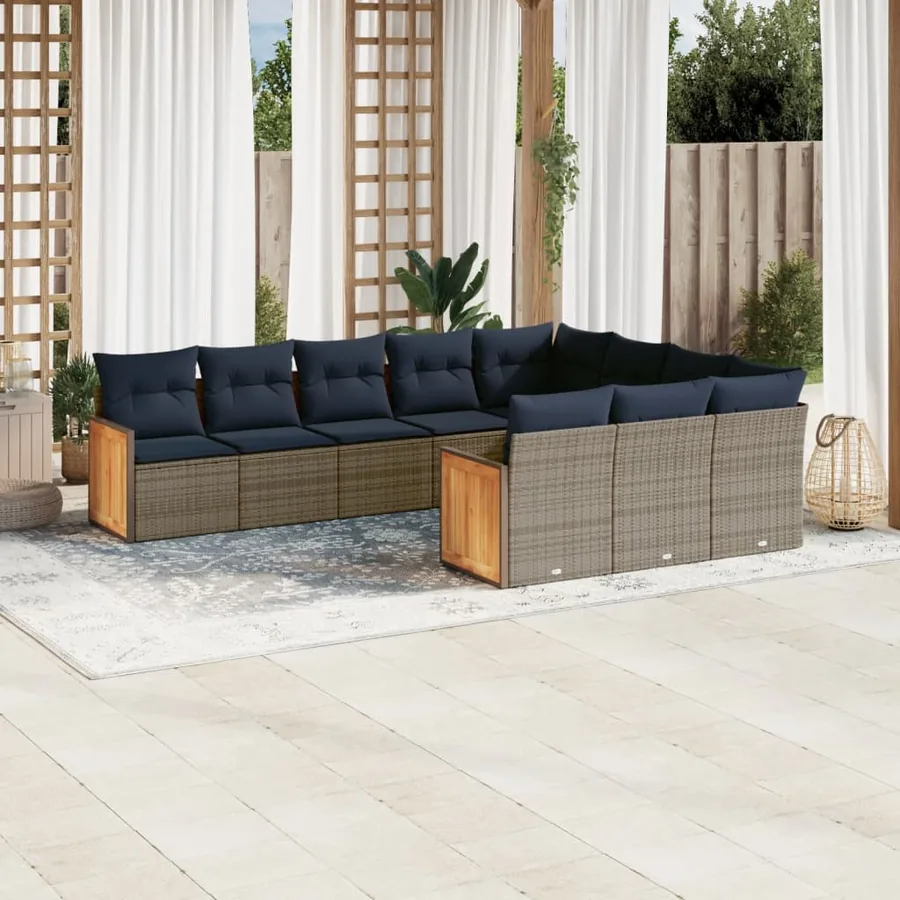 Ensemble de canapé de jardin 10 pcs avec coussins gris résine tressée