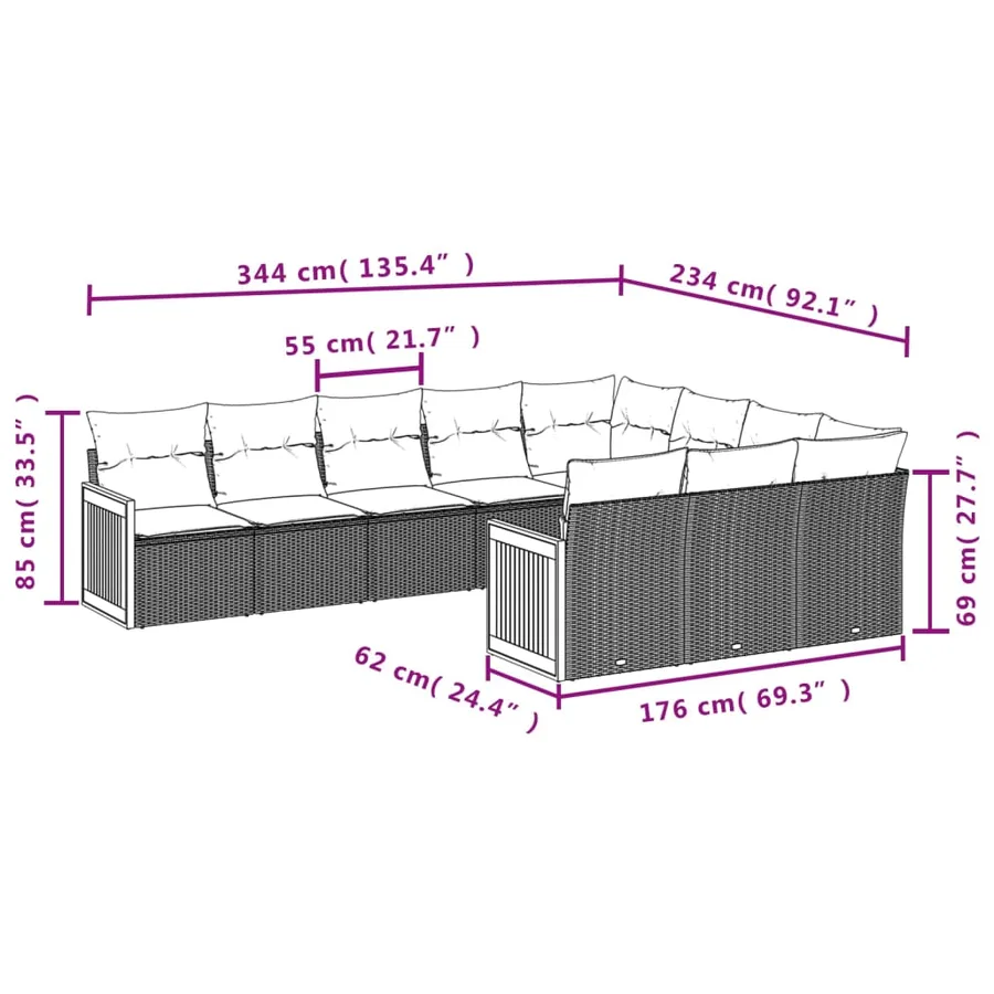 Ensemble de canapé de jardin 10 pcs avec coussins gris résine tressée - 7