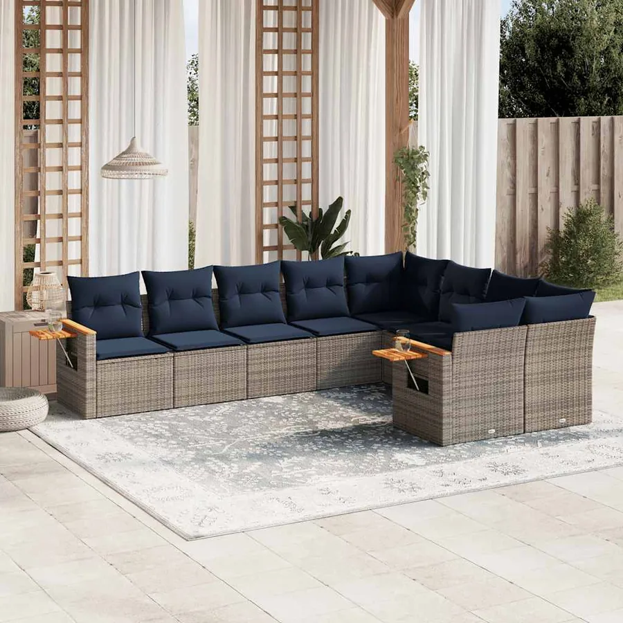 Salon de jardin 9 pcs avec coussins gris résine tressée