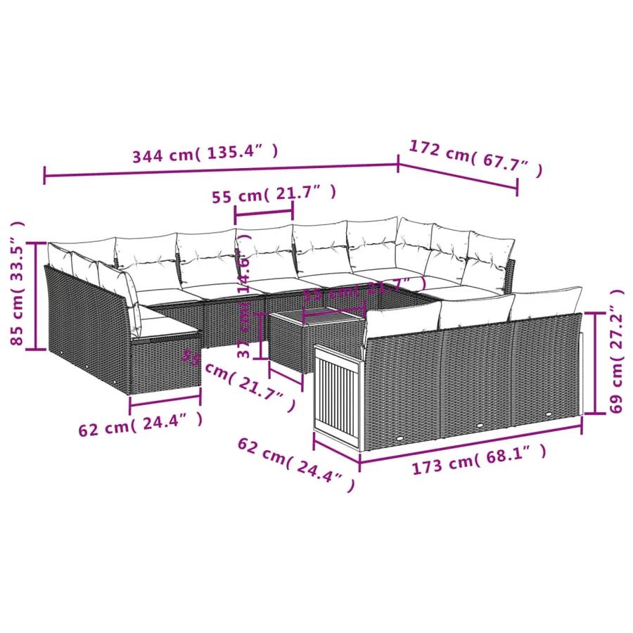 Ensemble de canapé de jardin 16 pcs avec coussins gris résine tressée - 9