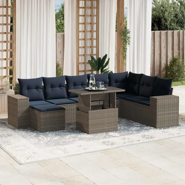 Ensemble de canapé de jardin 9 pcs avec coussins gris résine tressée