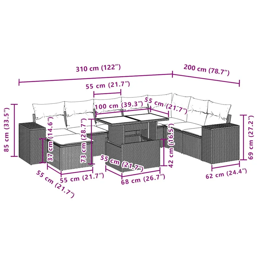 Ensemble de canapé de jardin 9 pcs avec coussins gris résine tressée - 11