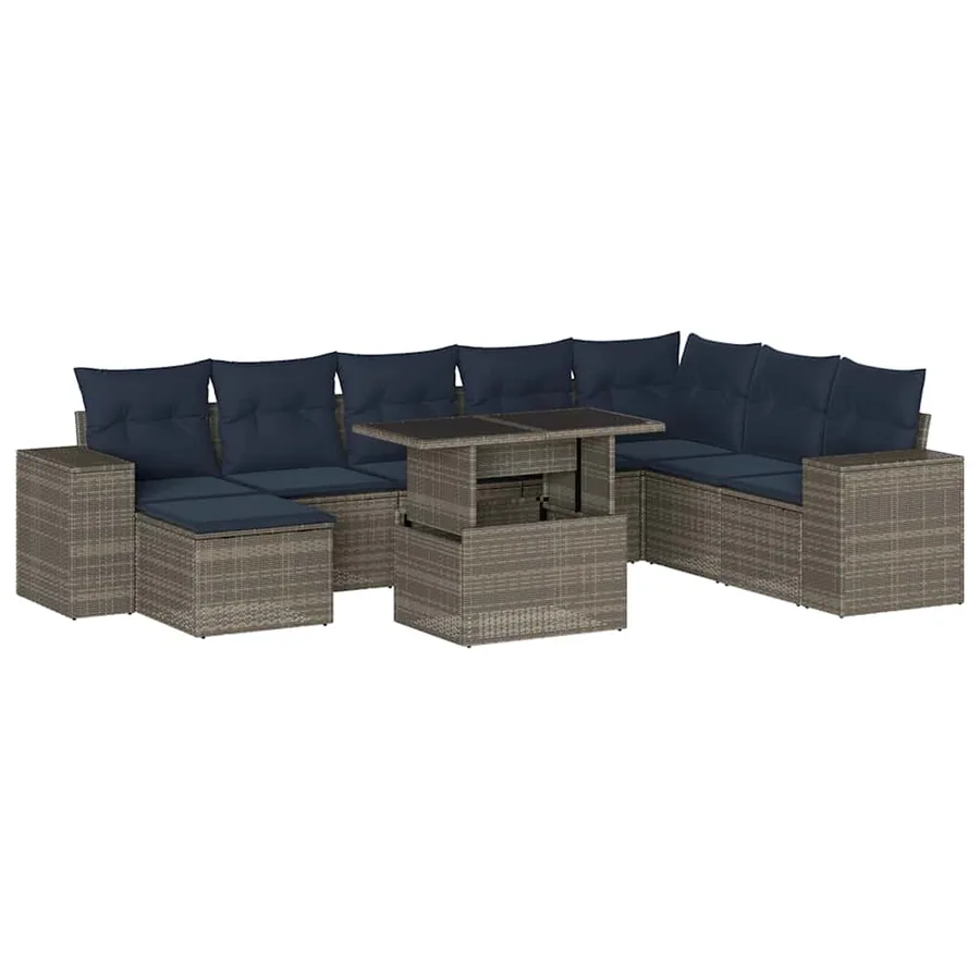 Ensemble de canapé de jardin 9 pcs avec coussins gris résine tressée - 2